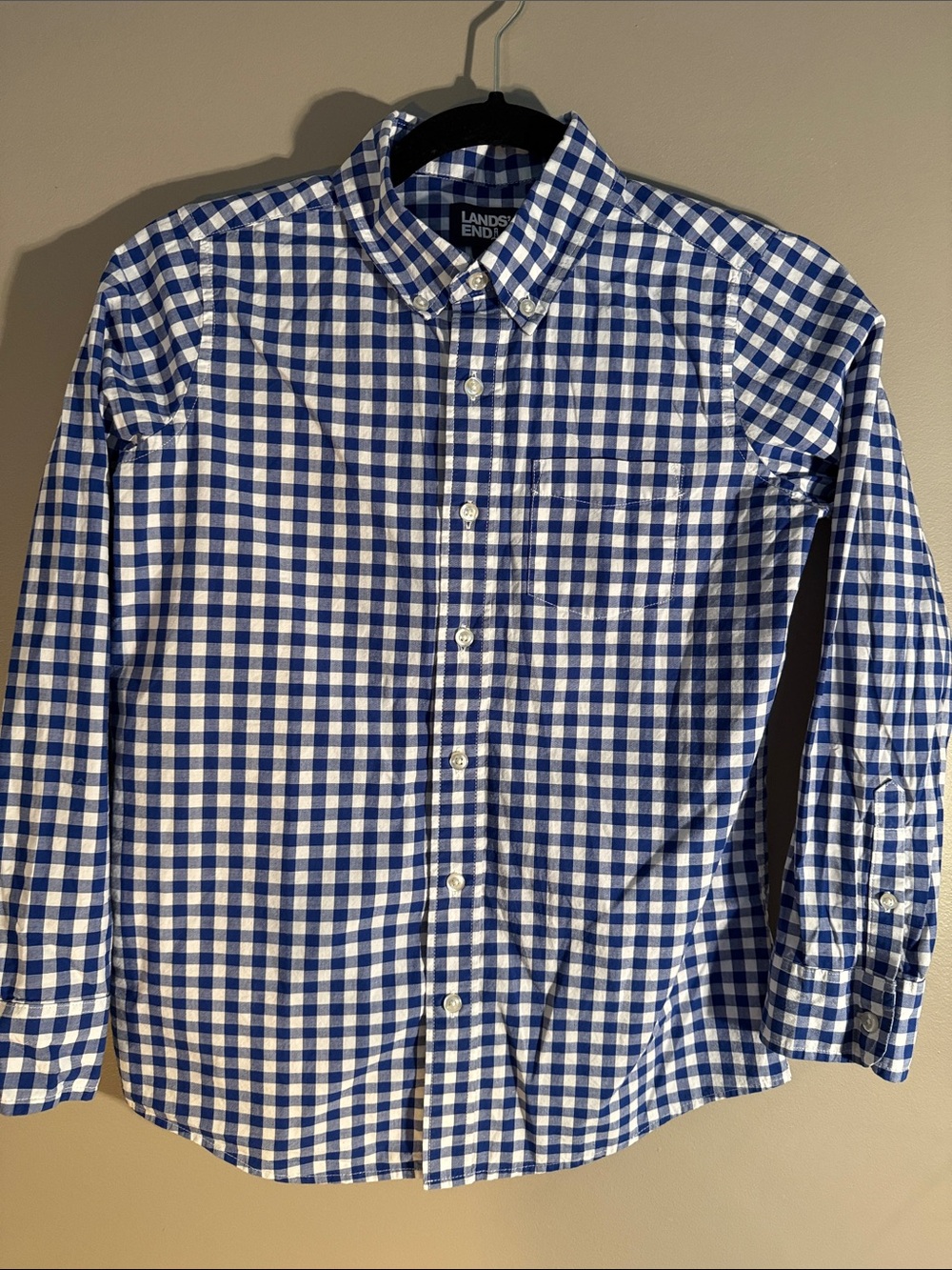 Lands' End Boy’s Blue and White Gingham Button-Down Shirt, Size 10-12